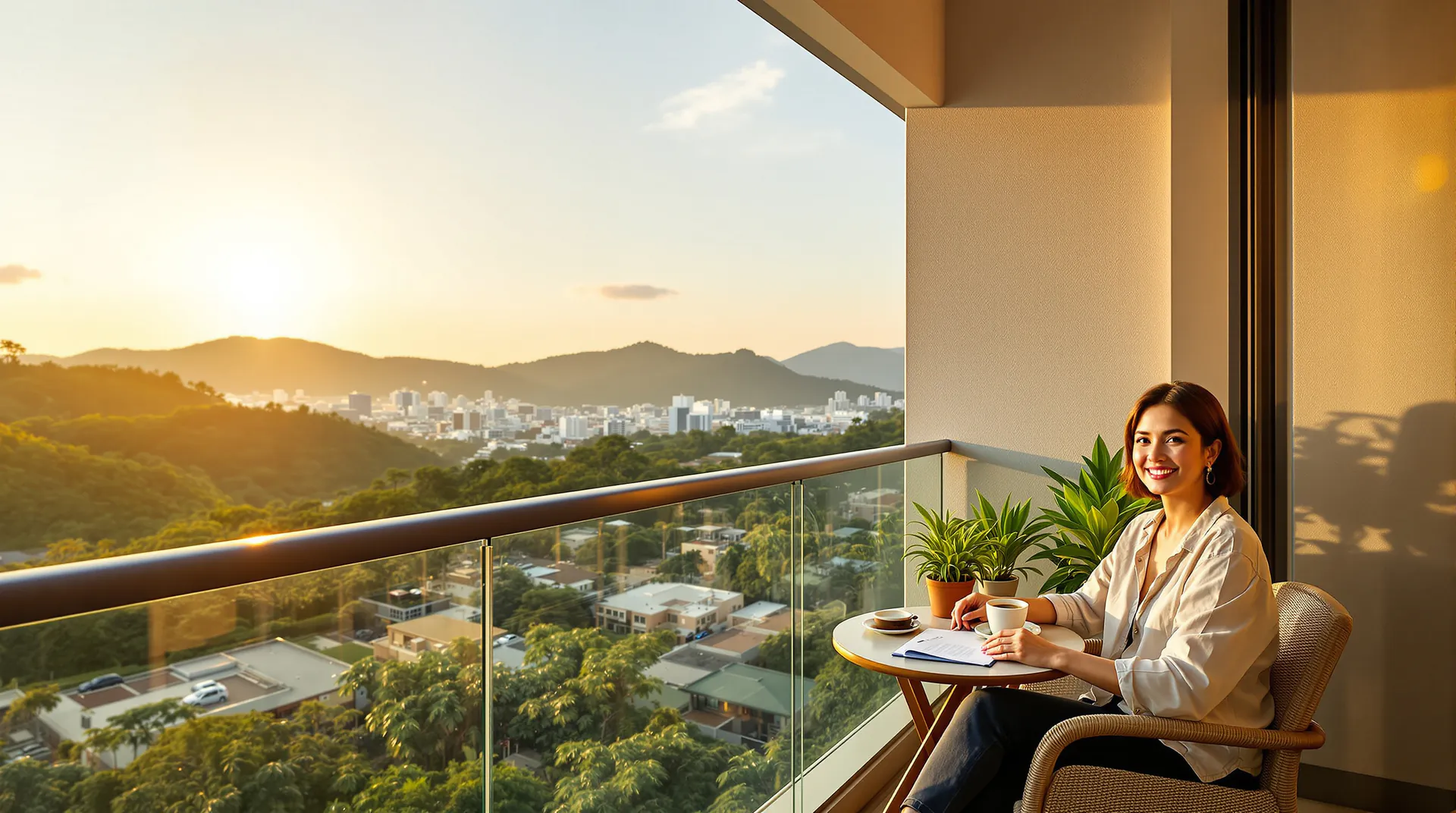 Nachmittag auf dem Balkon einer Wohnung in Davao City mit Blick auf Stadt und Hügel
